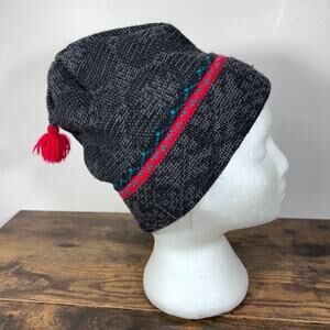 Vintage Smiley Wool Beanie Ski Hat Black Nordic Winter Knit Cap USA Striped